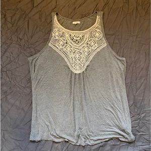 Maurice’s soft grey tank top with white lace around collar, size 3x.